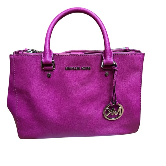 MICHAEL KORS.  SUTTON MEDIUM SAFFIANO LEATHER SATCHEL BAG DEEP PINK - Picture 1 of 8